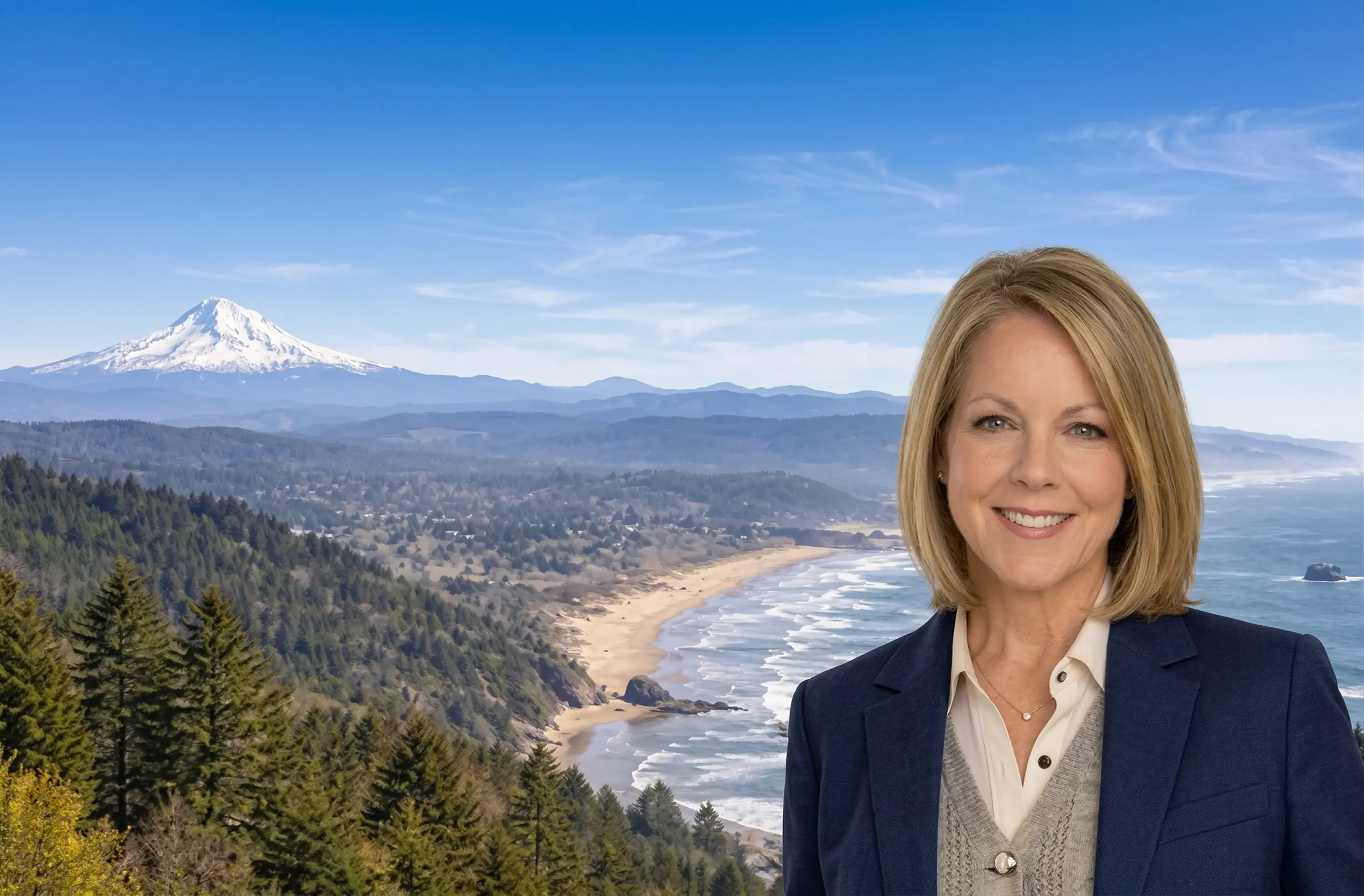 Dr. Barbara Kahl on a porch with American flag and Mt. Hood in background
